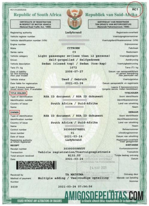 Exemplo de certificado de registro de veículo motorizado da África do Sul